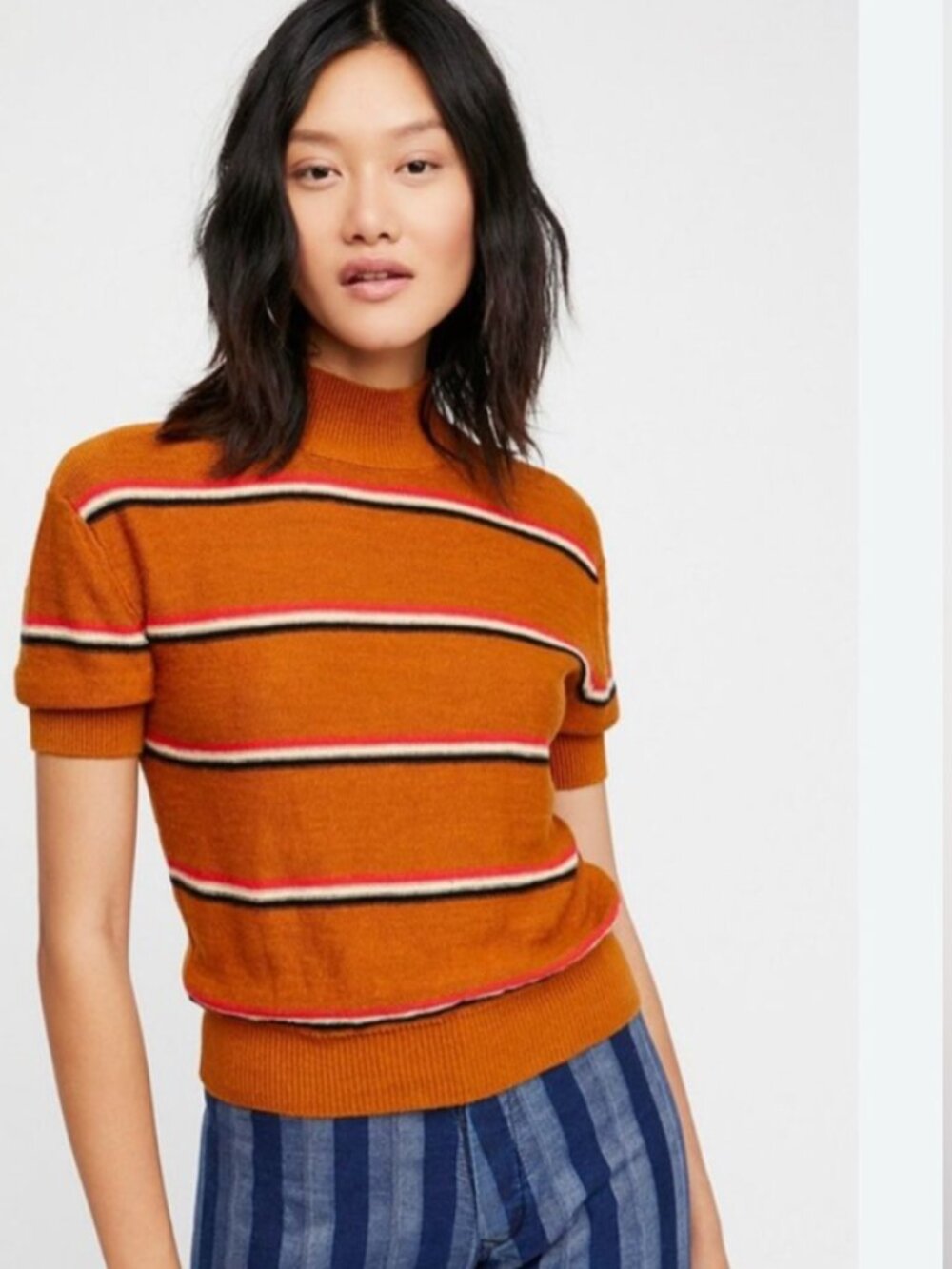 Free People Way Back Mock Neck Sweater Brown Stripe Size S